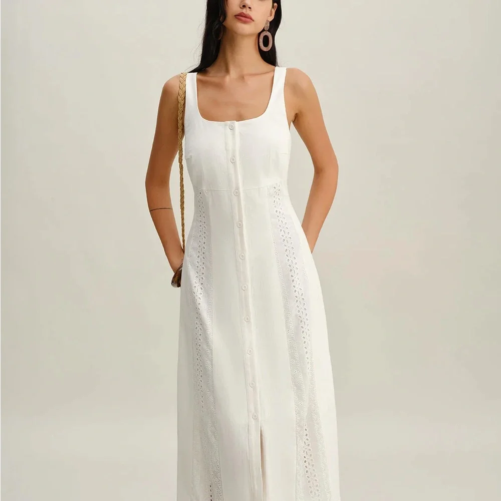 White Square Neck Button Slip Midi Dress - Picture 3 of 6
